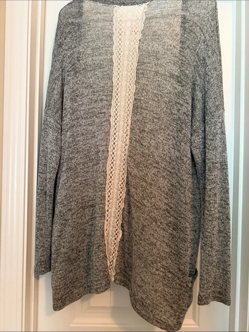 Maurices Gray Open-Front Cardigan with Cream Lace Panel